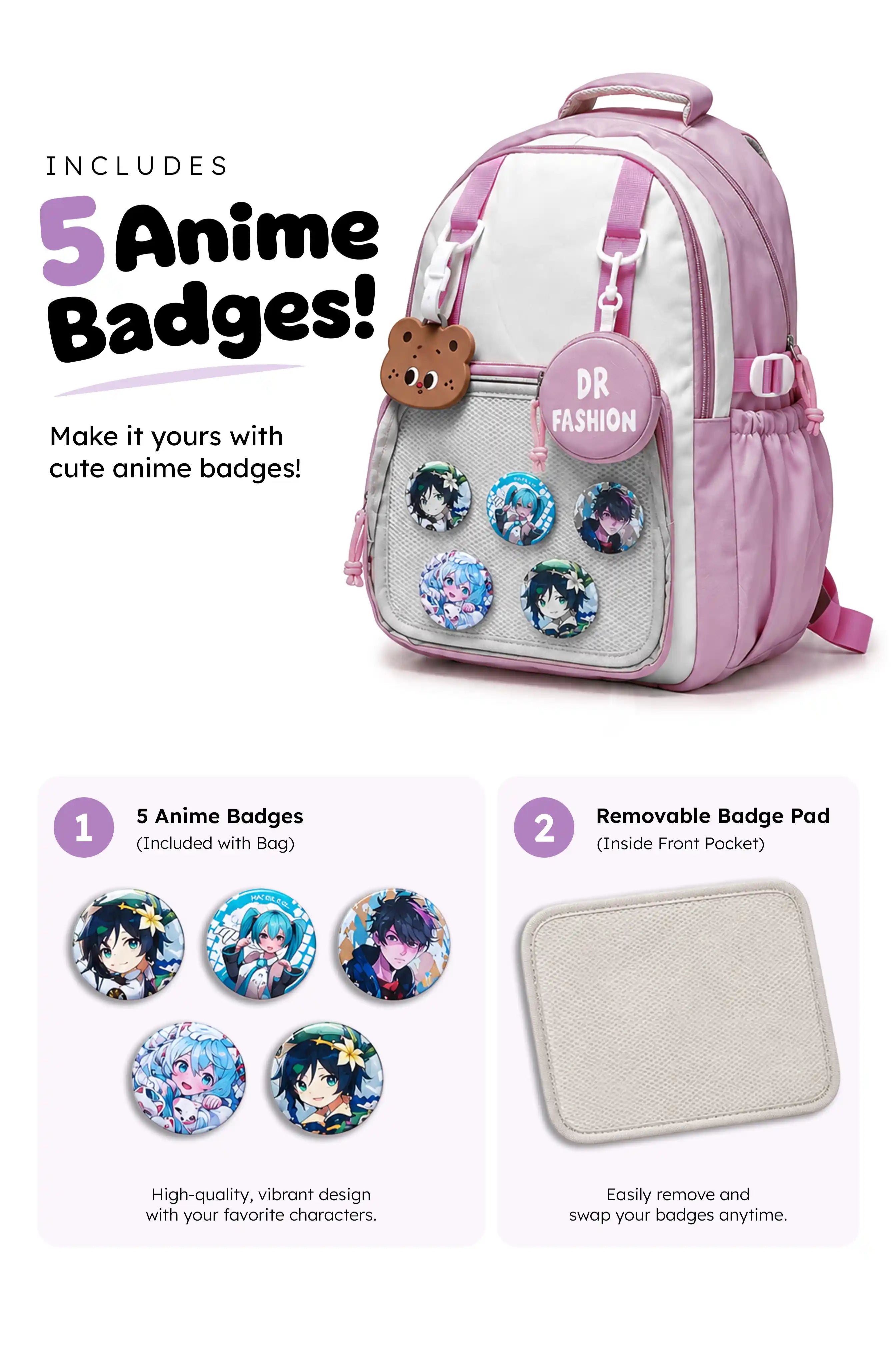 17 Inch Cute Mocha Duo School Outdoor Lightweight Backpack With Favorite Anime Badges Attached