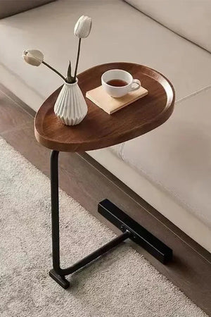 Modern C-Shaped Sofa Tray Table for Living Room and Bedroom with Wood Finish and Bold Metal Frame