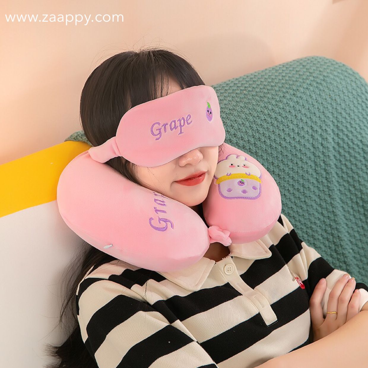 U-Shaped Soft Memory Form Neck Pillow and Sleeping Eye Mask For Travel Purpose | Cute Fruit Printed Zaappy