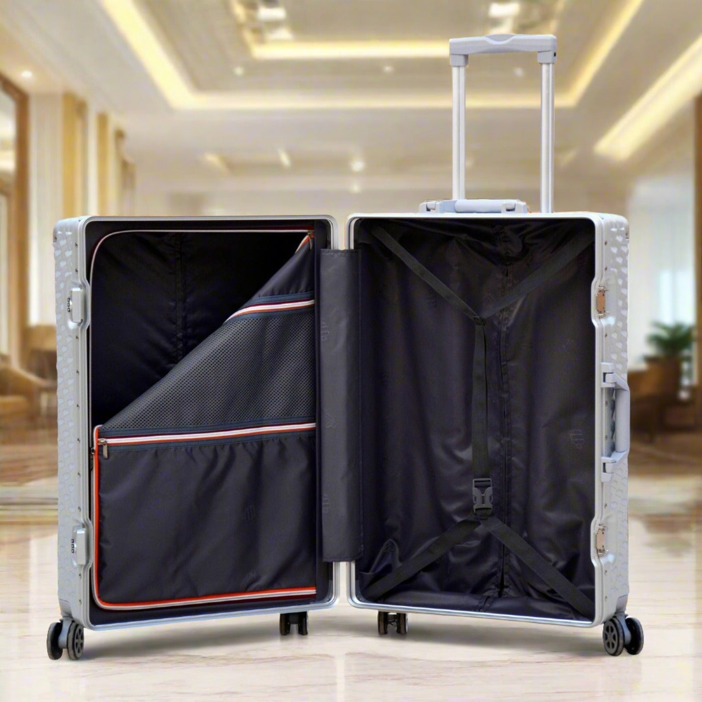 24" Silver Colour Aluminium Framed 3D Diamond Hard Shell Without Zipper TSA Luggage