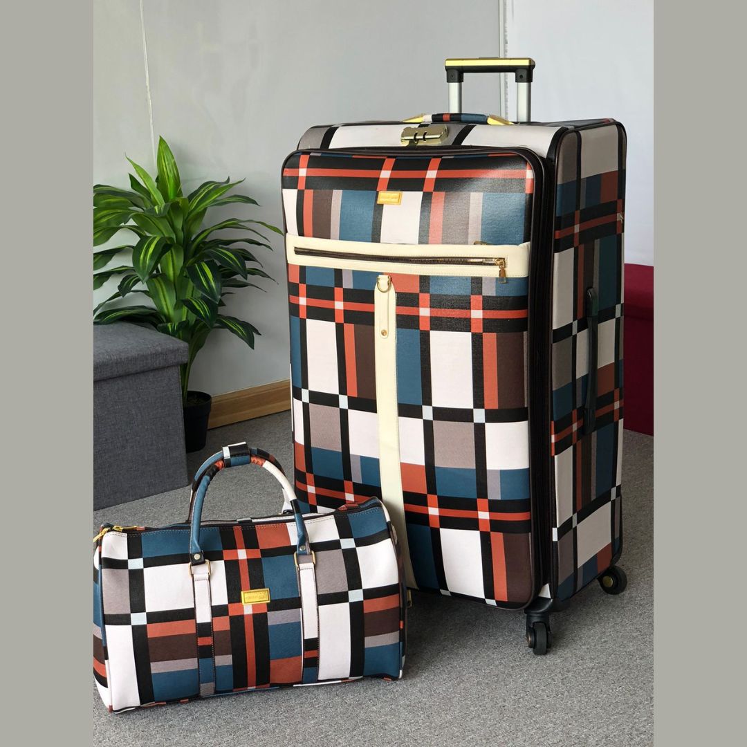 PU Check Type 40 Kg 4 Wheel Luggage Bag With Beauty Case Combo Set