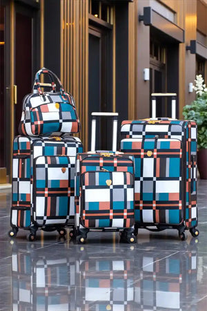 Check Design Lightweight PU Luggage with Spinner Wheel | 4 Piece Set 7, 20, 24 and 28 Inches