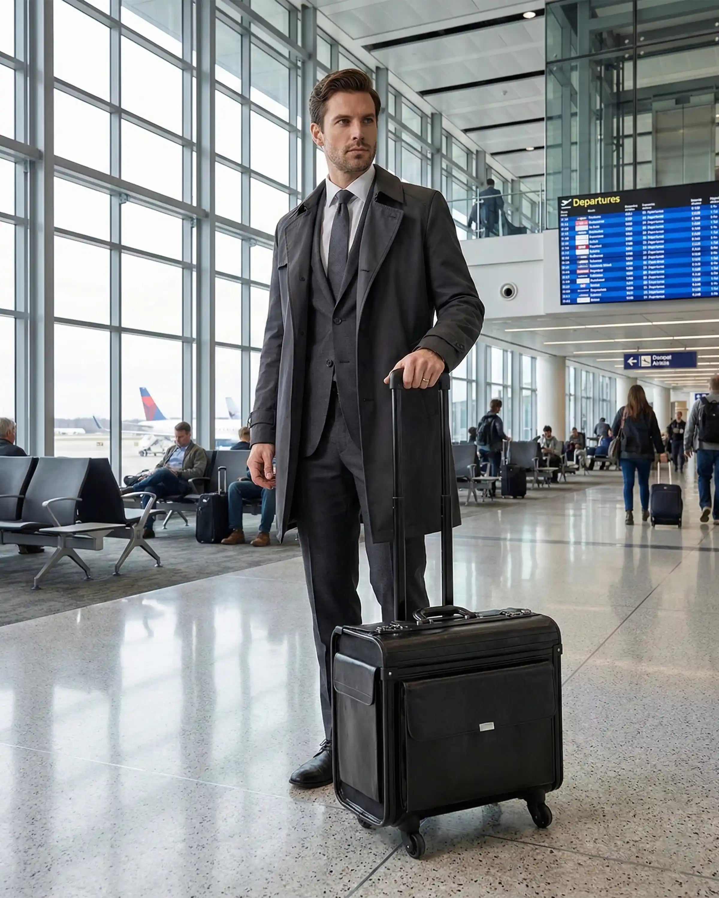 Premium PU Leather Pilot Carry On Luggage, Lightweight Suitcase with Spinner Wheels