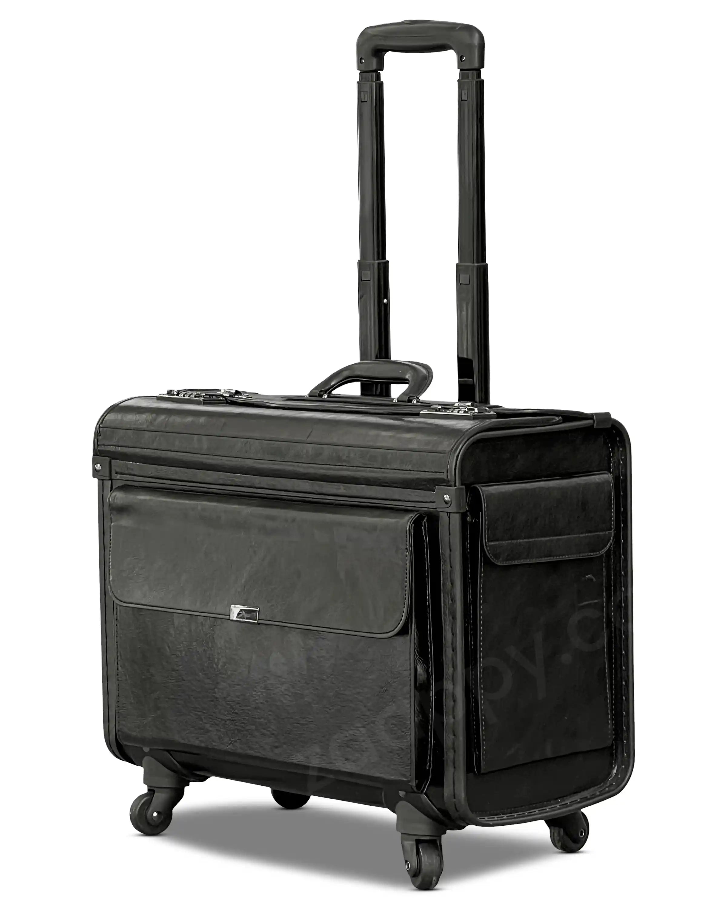 Premium PU Leather Pilot Carry On Luggage, Lightweight Suitcase with Spinner Wheels