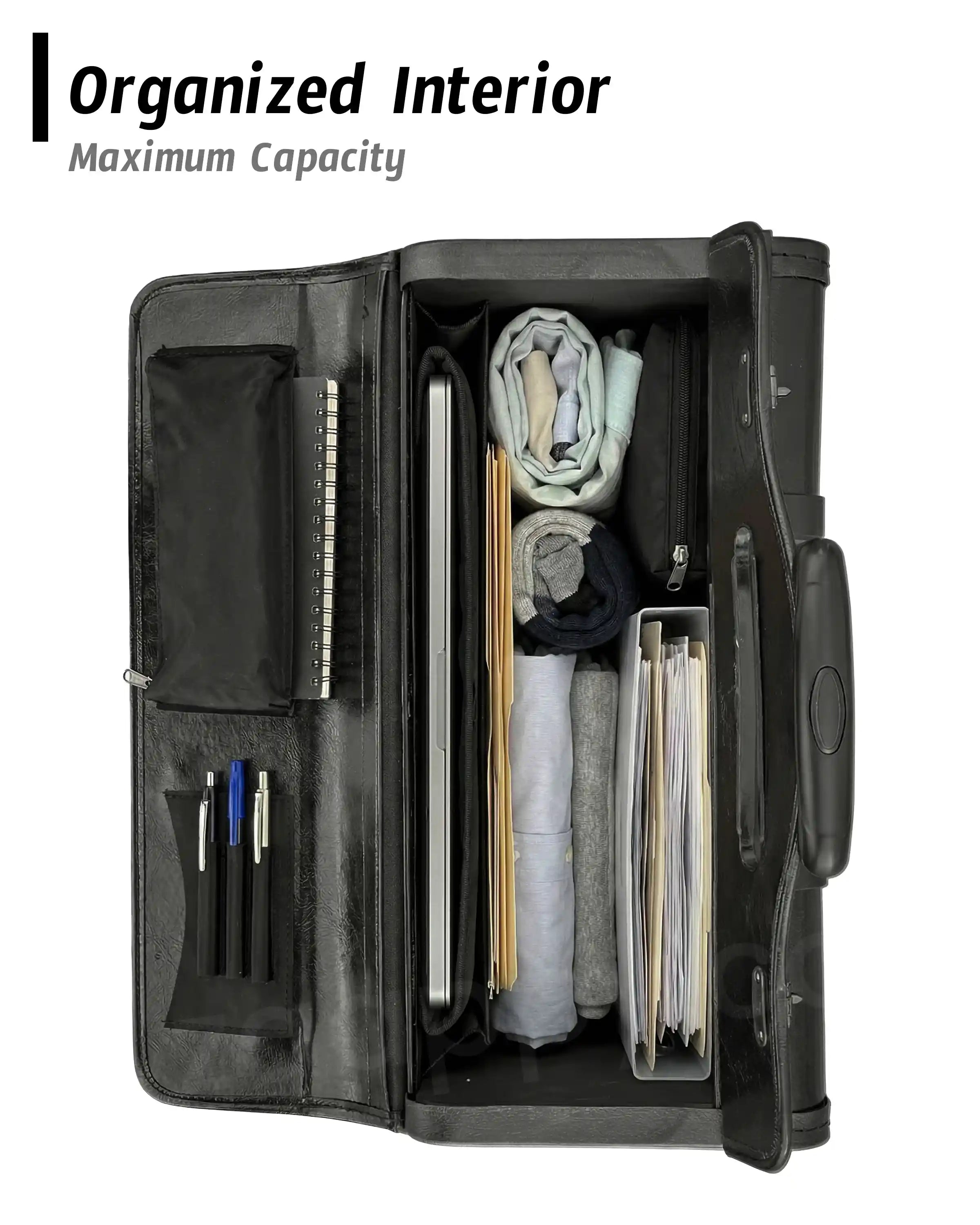 Premium PU Leather Pilot Carry On Luggage, Lightweight Suitcase with Spinner Wheels