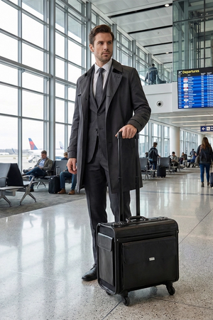 Premium PU Leather Pilot Carry On Luggage, Lightweight Suitcase with Spinner Wheels