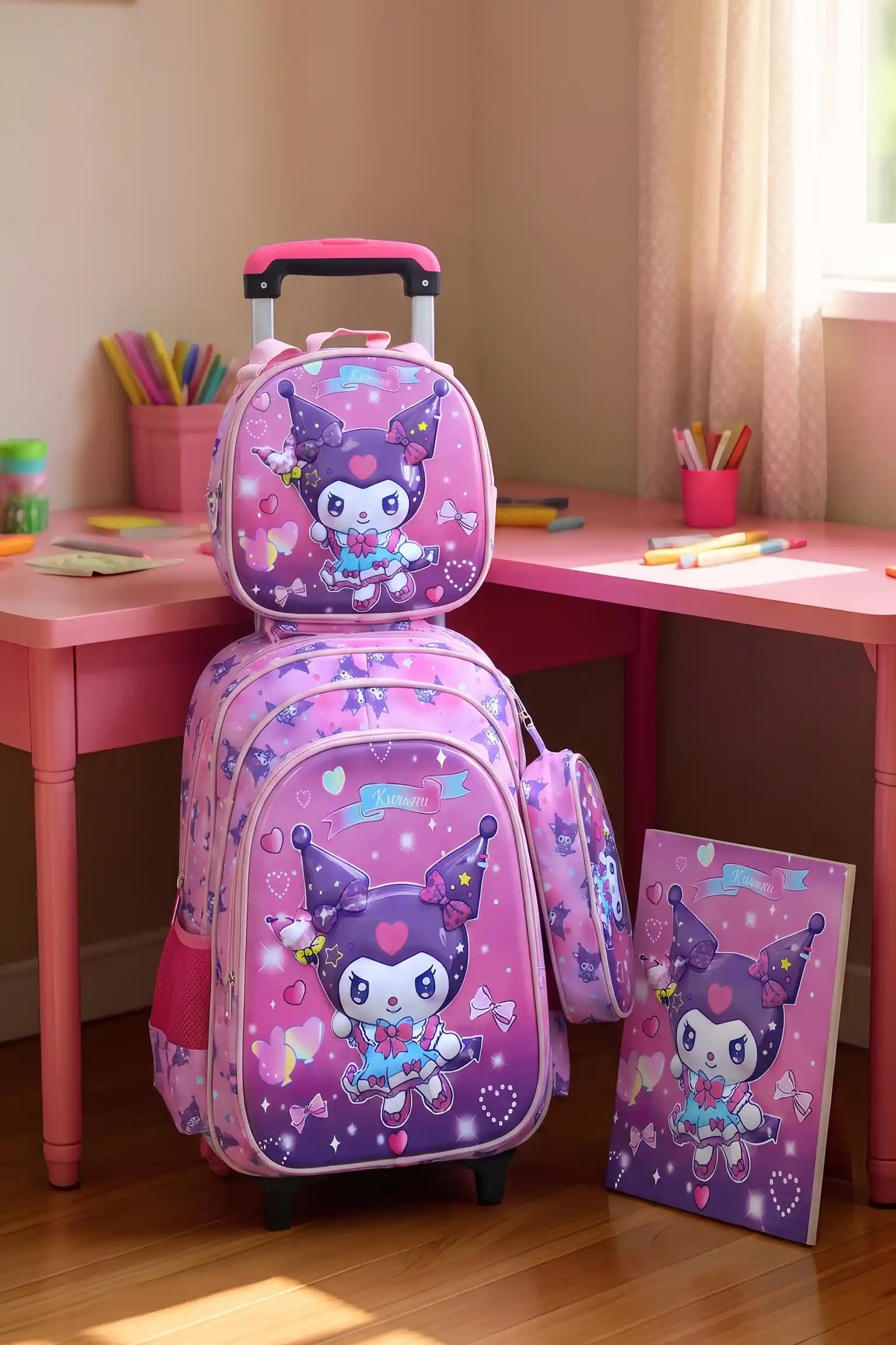 17 Inch Pink Fantasy 3 Pcs School Bag, Lightweight With Multiple Compartments And Adjustable Padded Straps