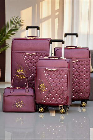 Printed Burgundy Peacock PU Leather Luggage | Soft Shell Trolley Bag | 4 Pcs Set 7