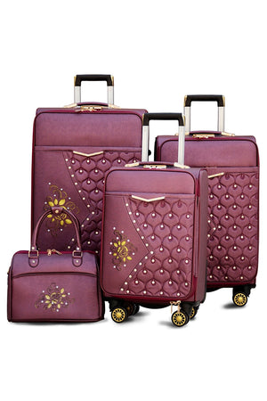 Printed Burgundy Peacock PU Leather Luggage | Soft Shell Trolley Bag | 4 Pcs Set 7