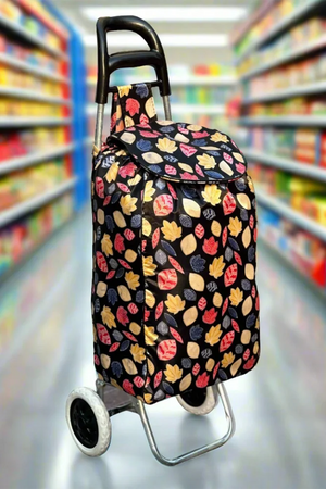 Printed Foldable Grocery Shopping Trolley Bag with Two Wheels | Portable Rolling Shopping Cart