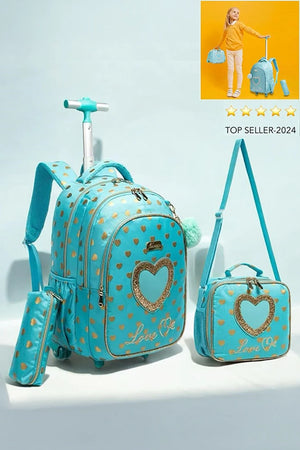 Printed Lightweight Love me Kids Rolling Backpack with School Pouch Combo Set