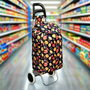 Printed Foldable Grocery Shopping Trolley Bag with Two Wheels | Portable Rolling Shopping Cart