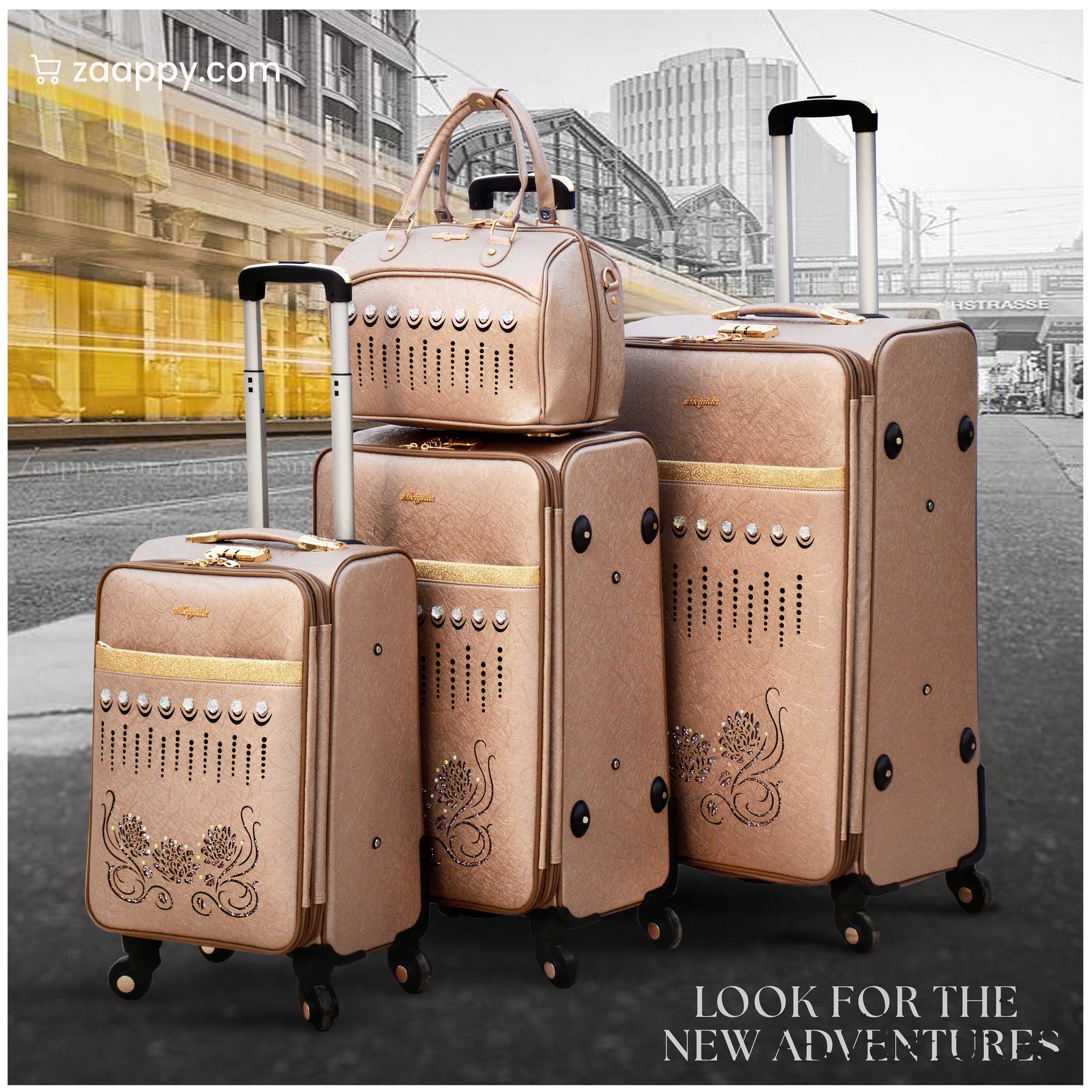 Asd PU Line Material Luggage | Soft Shell Trolley Bag| | 4 Pcs Set 7" 20" 24" 28 Inches | 2 Year Warranty | Asd PU Leather Line - Stone Rose Gold | |