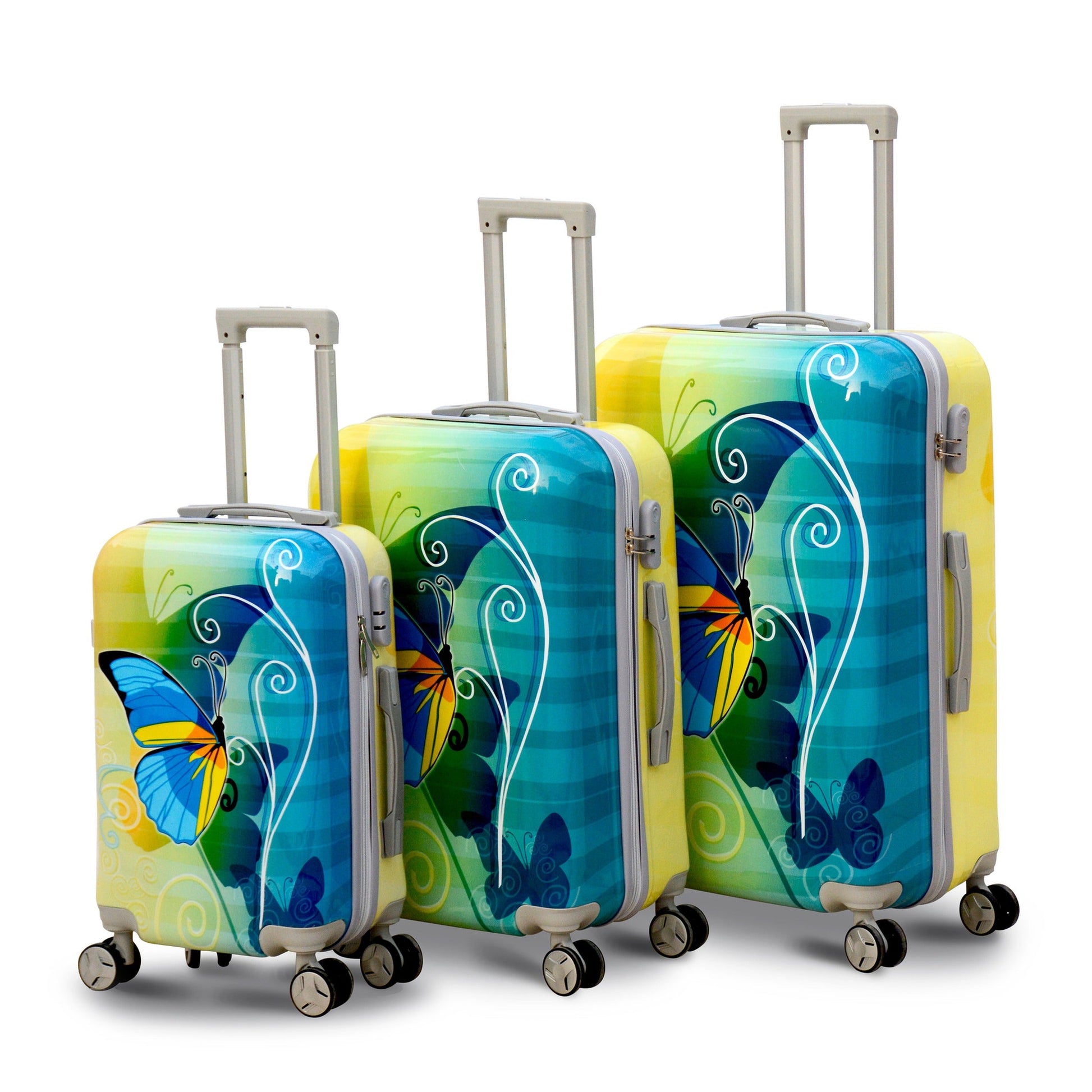 3 Pcs Set 20" 24" 28 Inches Green Colour Printed Butterfly Light Weight ABS Luggage | Hard Case Trolley Bag zaappy.com