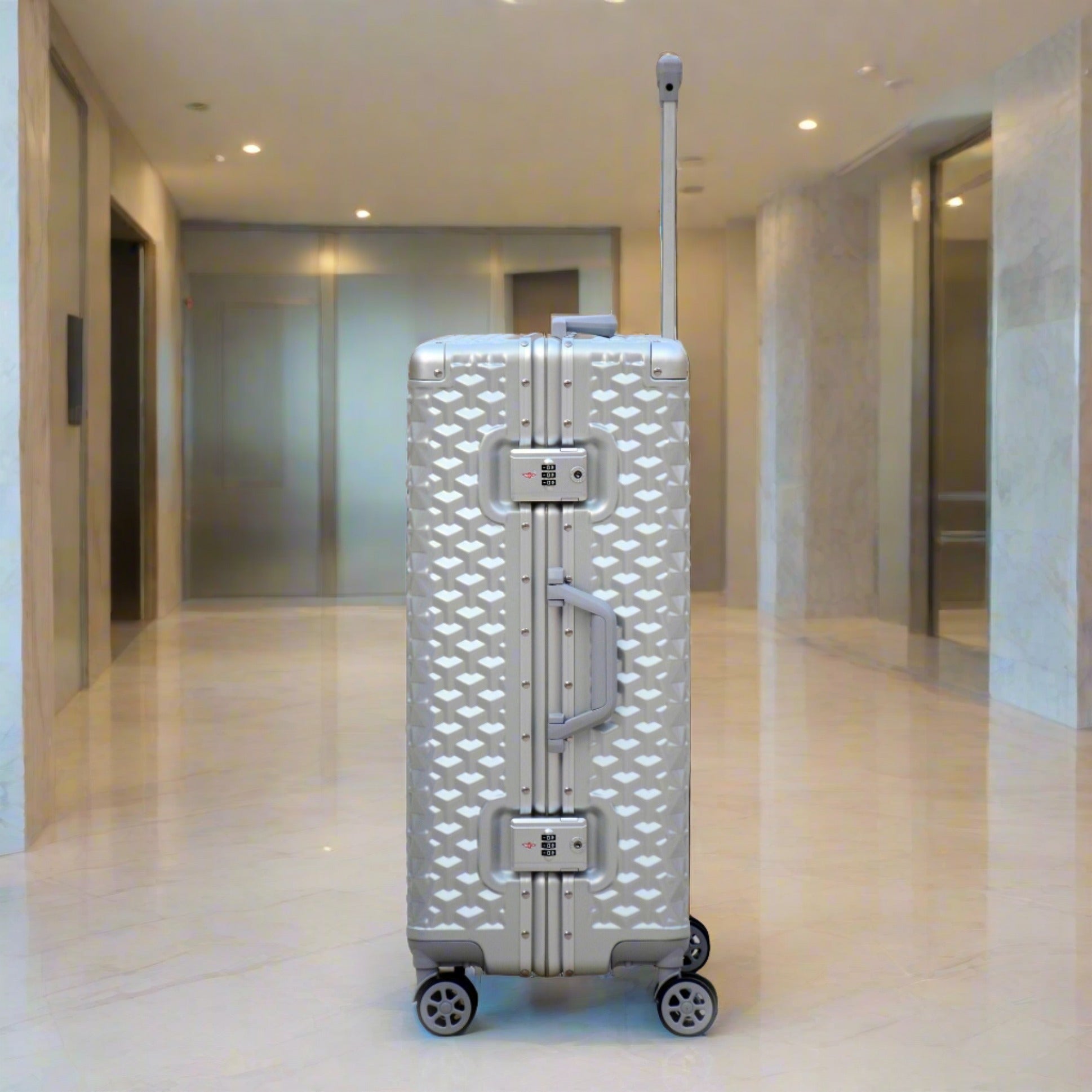 3 Piece Set 20" 24" 28 Inches Silver Aluminium Framed 3D Diamond Hard Shell without Zipper TSA Luggage