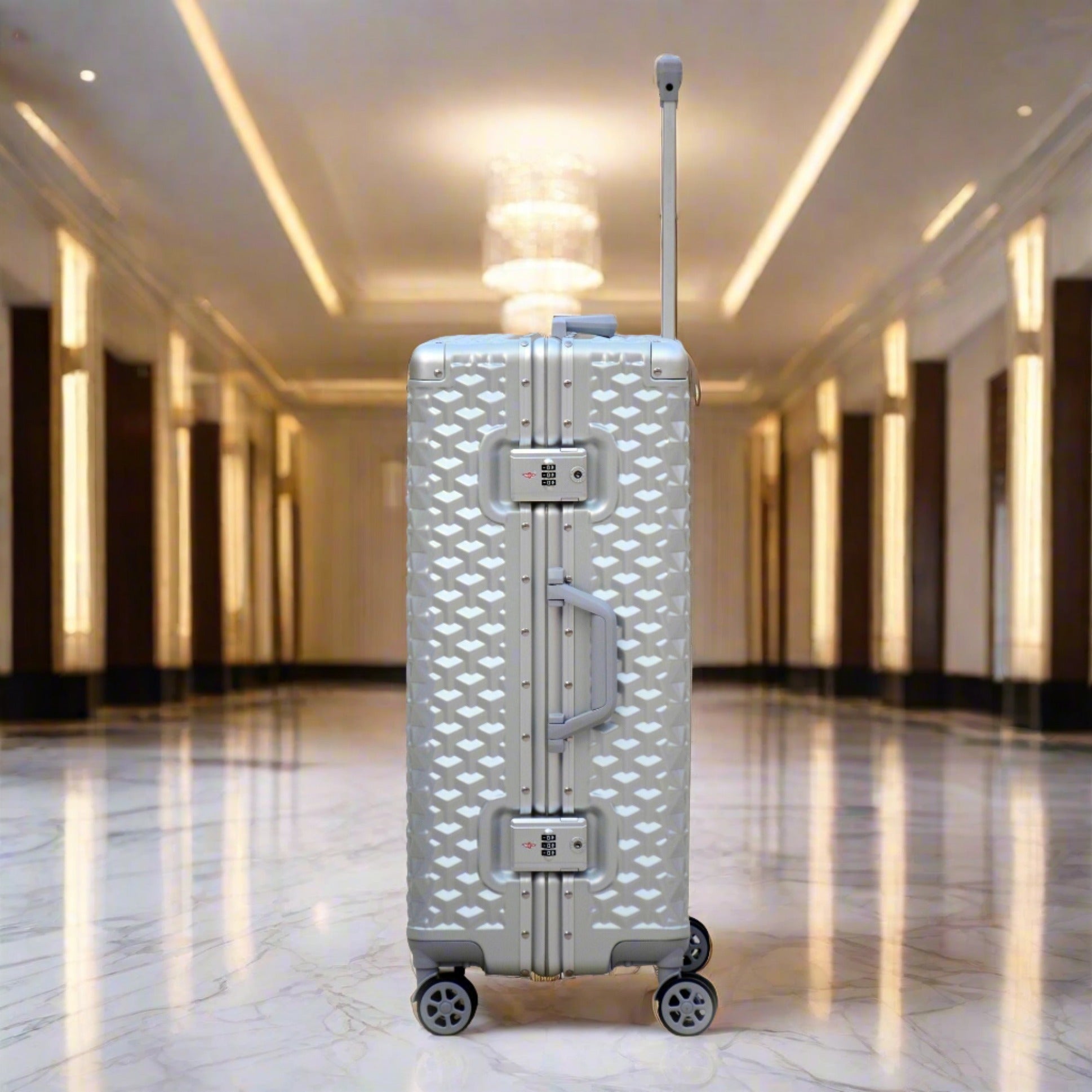 24" Silver Colour Aluminium Framed 3D Diamond Hard Shell Without Zipper TSA Luggage