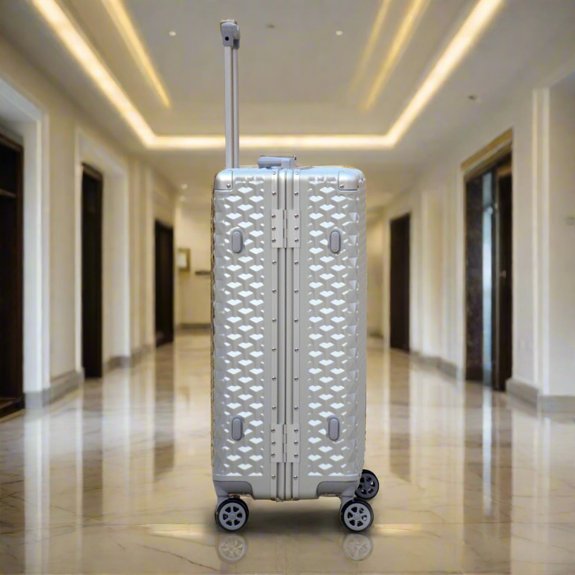 24" Silver Colour Aluminium Framed 3D Diamond Hard Shell Without Zipper TSA Luggage