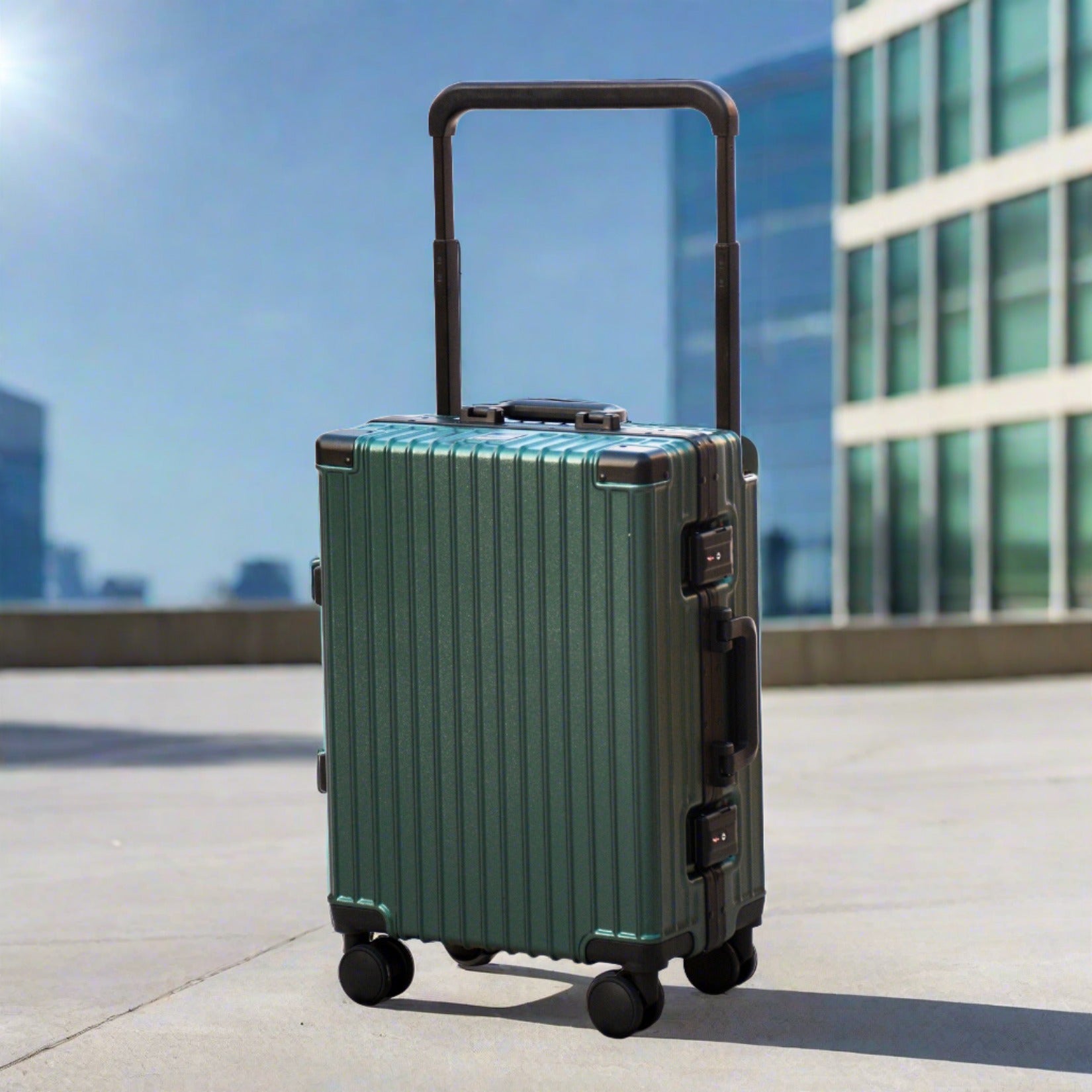 20 inch Green Aluminium Framed Spinner Hard Shell Without Zipper Carry On TSA Luggage