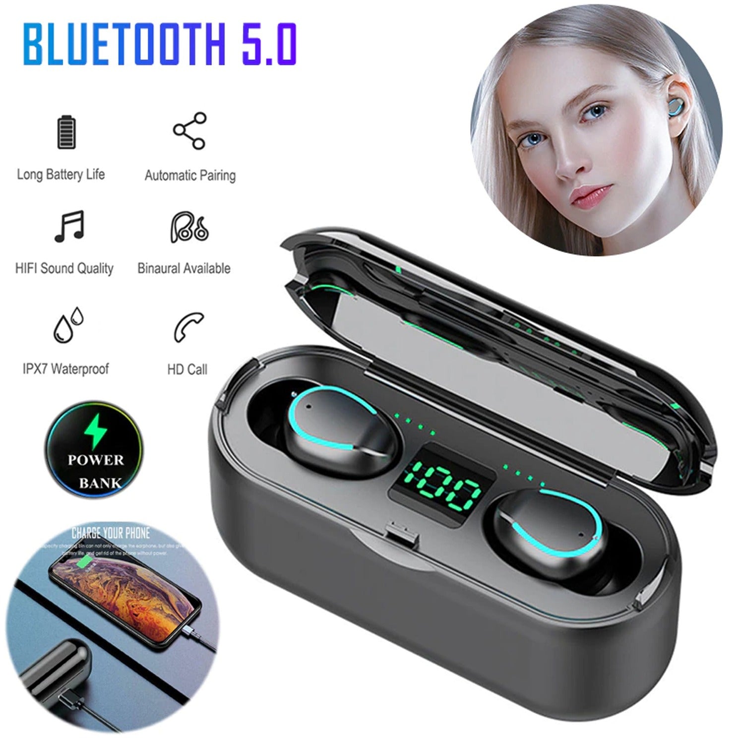 F9-8-TWS Wireless Rechargeable Bluetooth 5.0 Earbuds With Microphone Charging Box | Buy 2 Get 1 Free