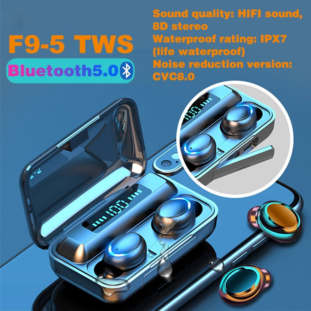 F9-8-TWS Wireless Rechargeable Bluetooth 5.0 Earbuds With Microphone Charging Box | Buy 2 Get 1 Free
