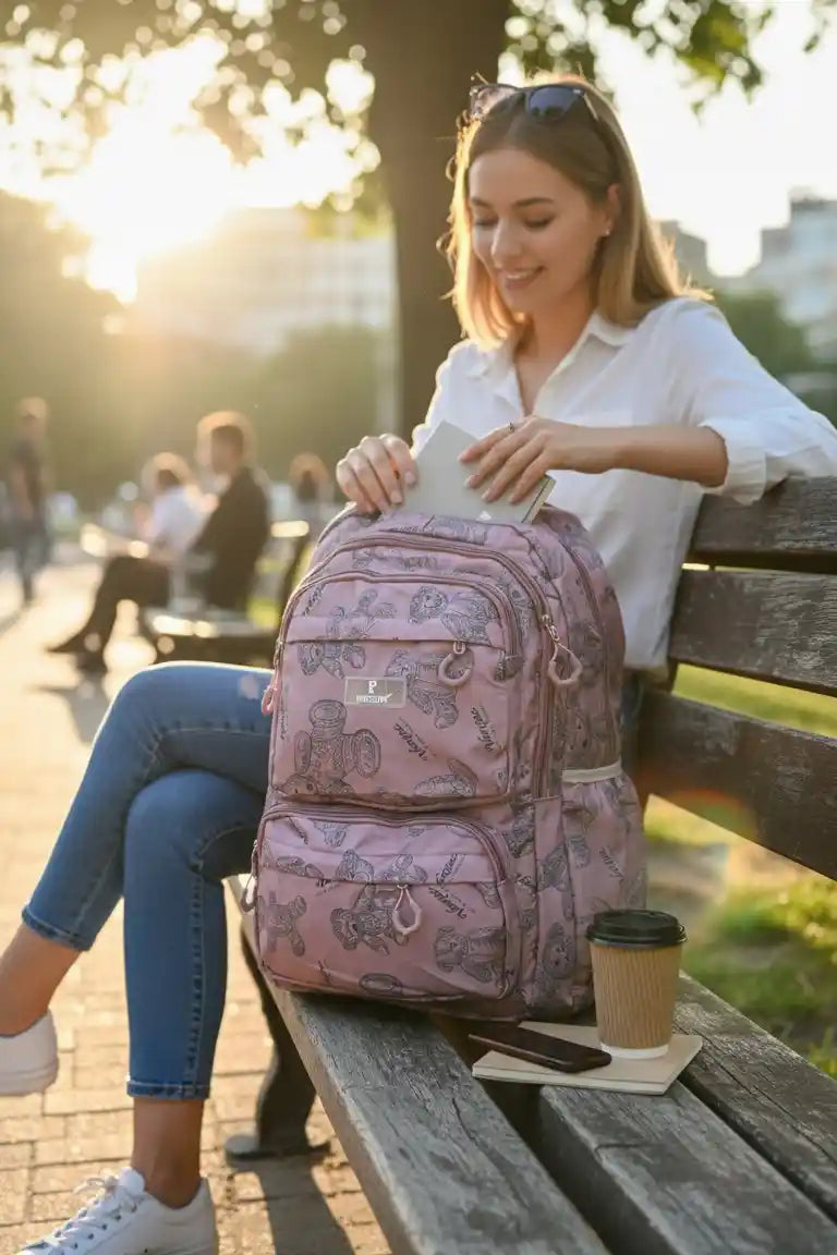 Cute Teddy Print Backpack Bag, Lightweight Water-Resistant with Multiple Compartments, Adjustable Padded Straps, Travel Daypack for School, College & Daily Use