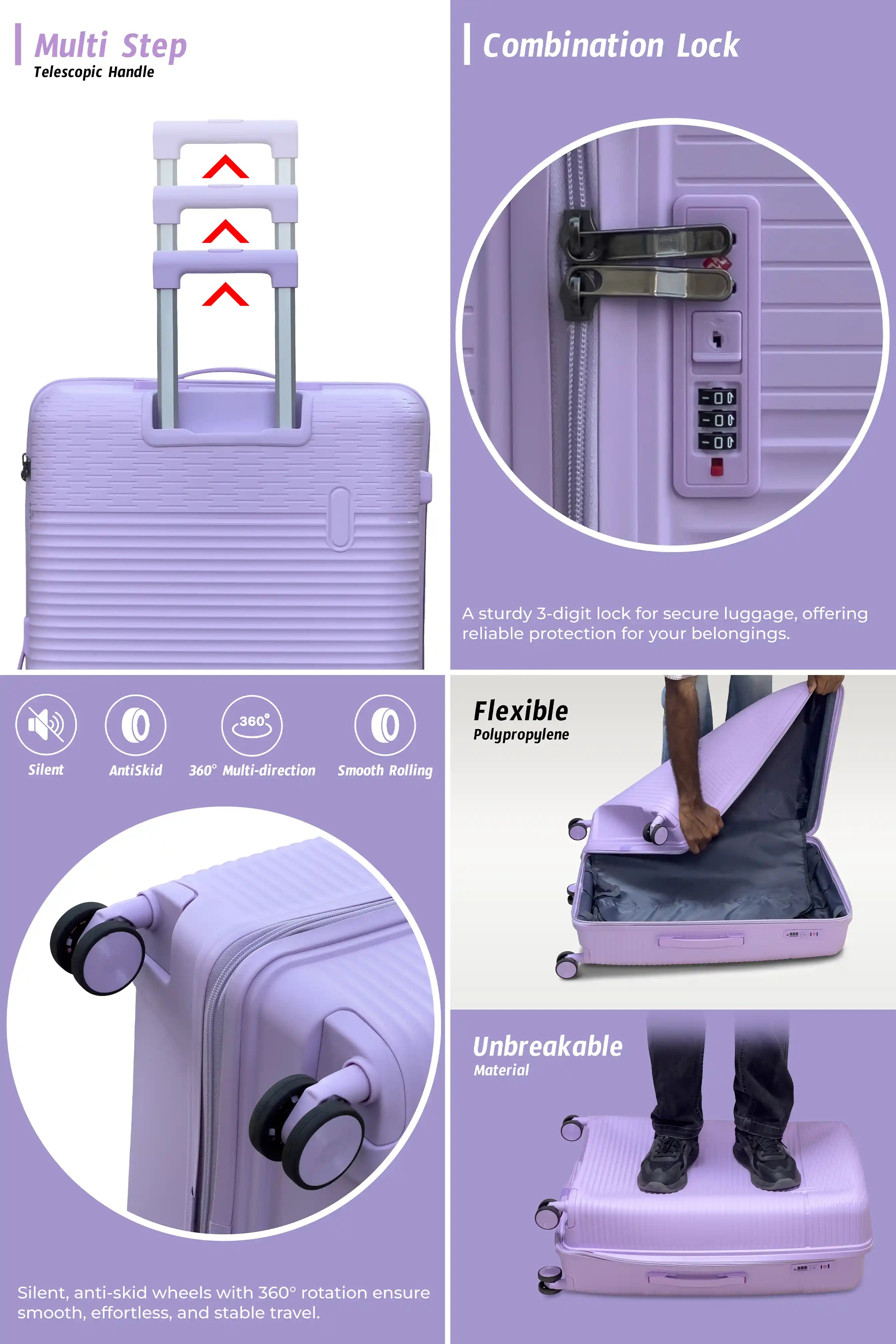 Travel Way PP Line Pro Unbreakable Lightweight 3 Pcs Set (20/24/28 Inch) Hard Shell Luggage Bag With Combination Lock And Telescopic Handle