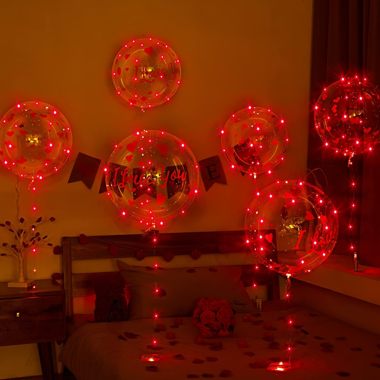 Valentine's Day LED Red Light Up Bobo Bubble Transparent Helium Balloons With String Lights For Decoration