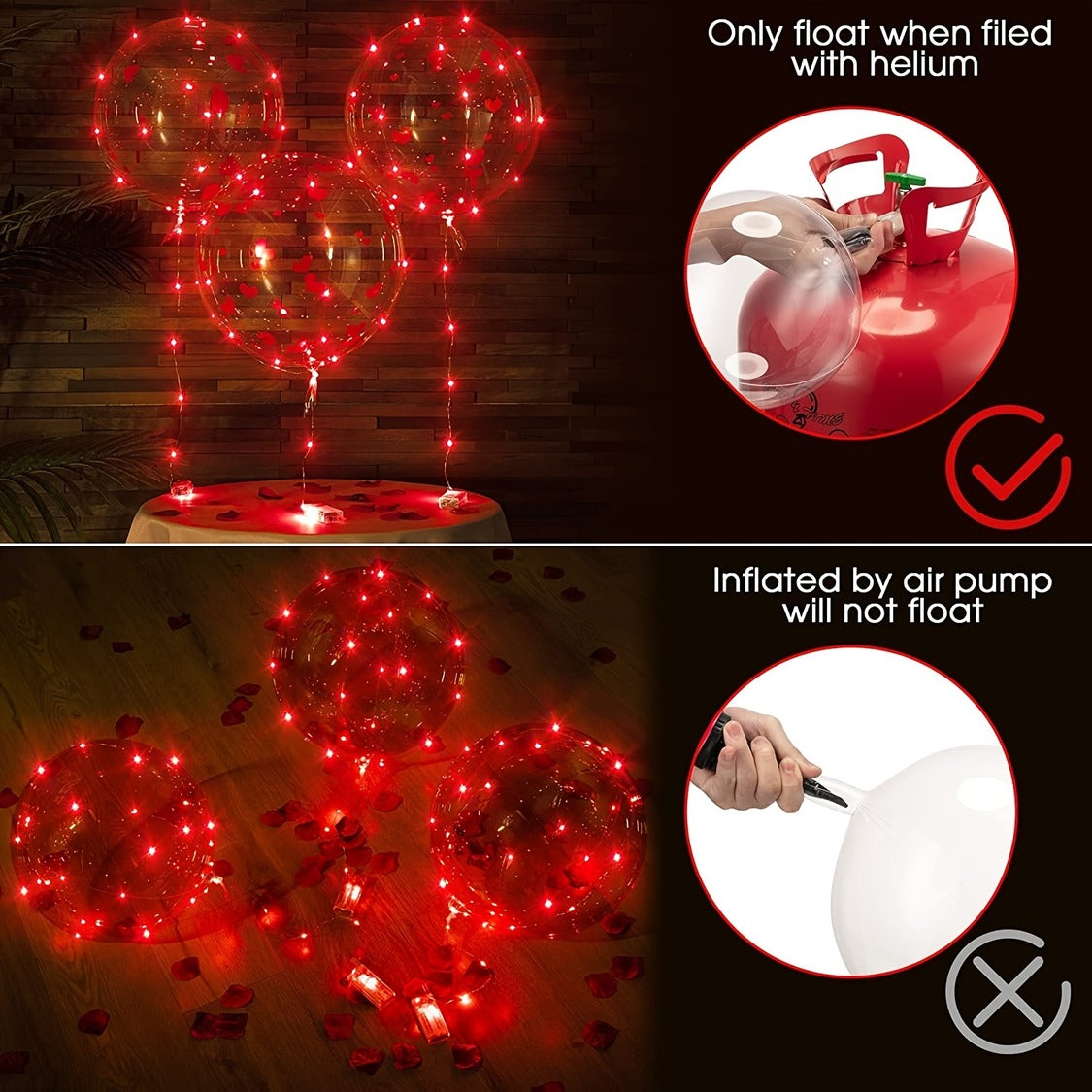 Valentine's Day LED Red Light Up Bobo Bubble Transparent Helium Balloons With String Lights For Decoration Zaappy