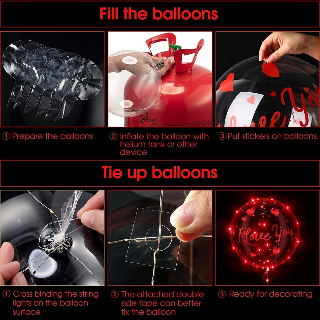 Valentine's Day LED Red Light Up Bobo Bubble Transparent Helium Balloons With String Lights For Decoration