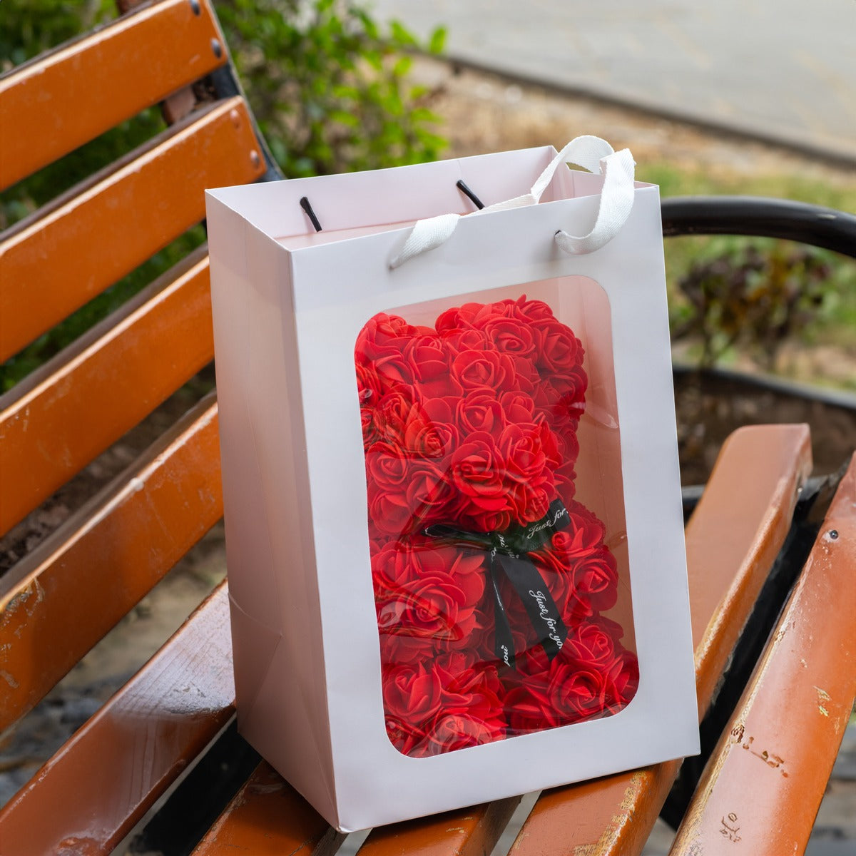 Handmade Rose Flower Teddy Bear With Bowknot Gift For Valentine's Day