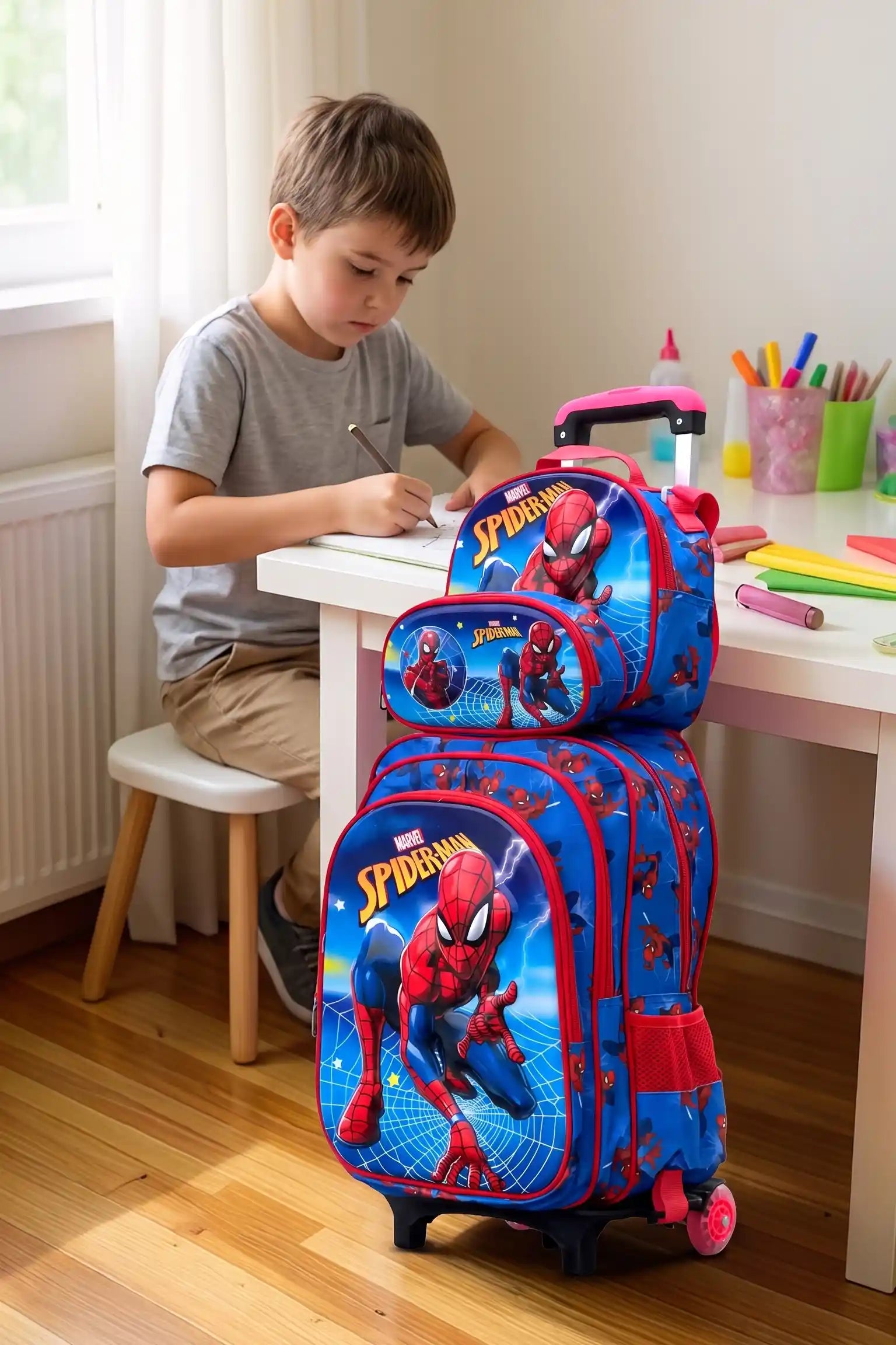 Web Wheeled 3 Pcs School Bag, Lightweight With Multiple Compartments And Adjustable Padded Straps