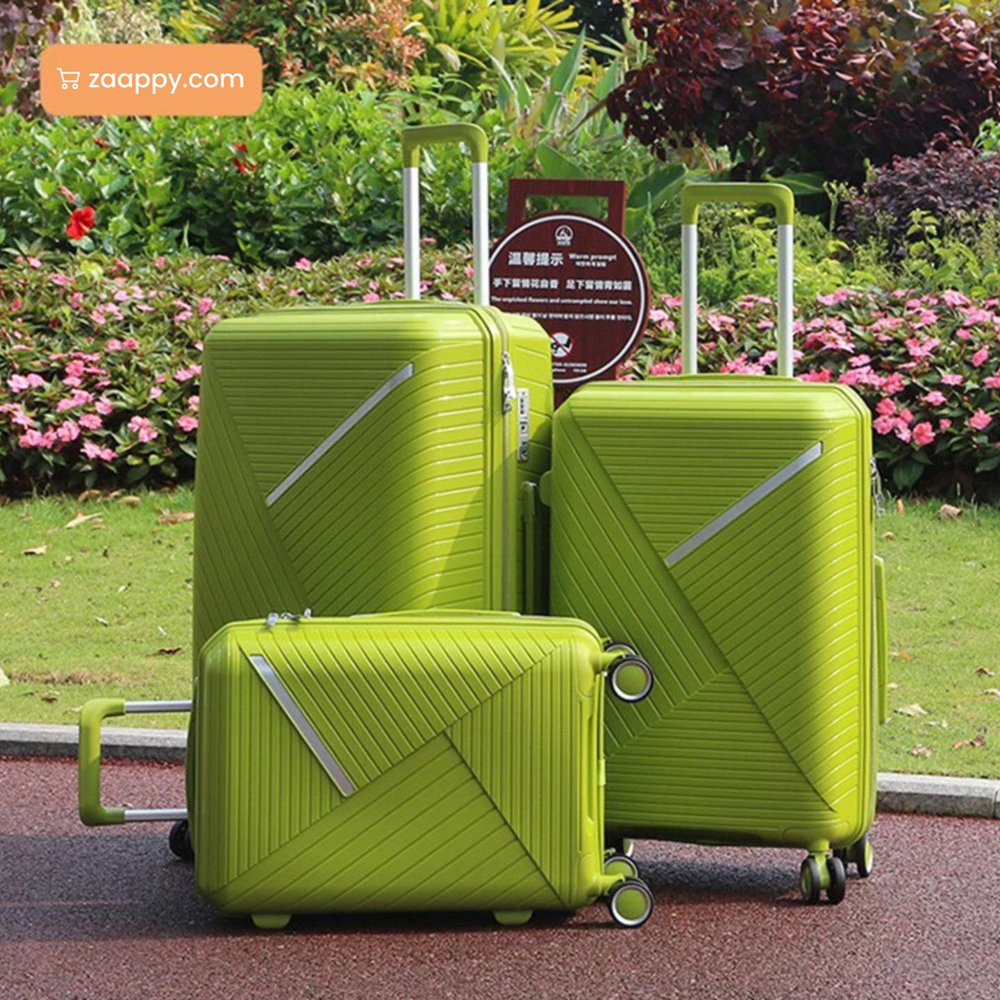 3 Piece Full Set 20" 24" 28 Inches Green Colour Advanced PP Luggage lightweight Hard Case Trolley Bag With Double Spinner Wheel Zaappy.com