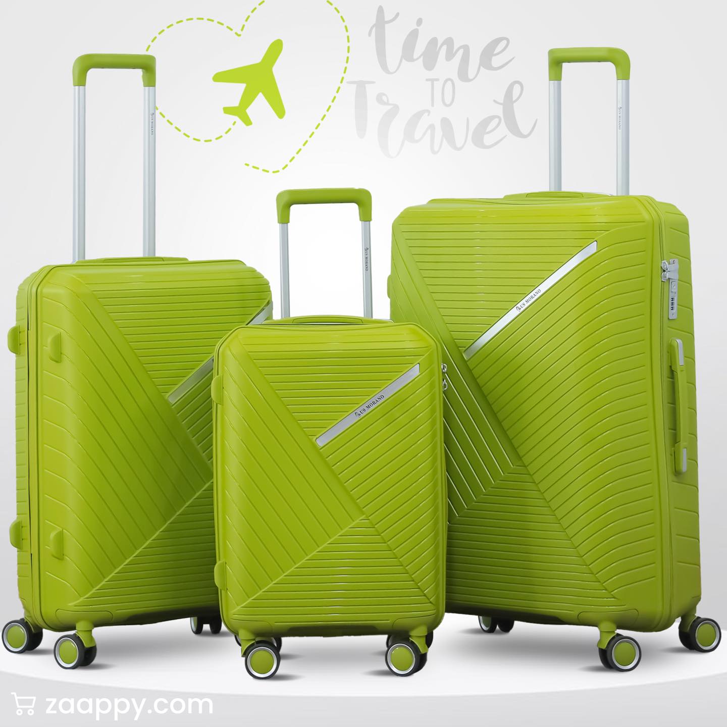 3 Piece Full Set 20" 24" 28 Inches Green Colour Advanced PP Luggage lightweight Hard Case Trolley Bag With Double Spinner Wheel Zaappy.com