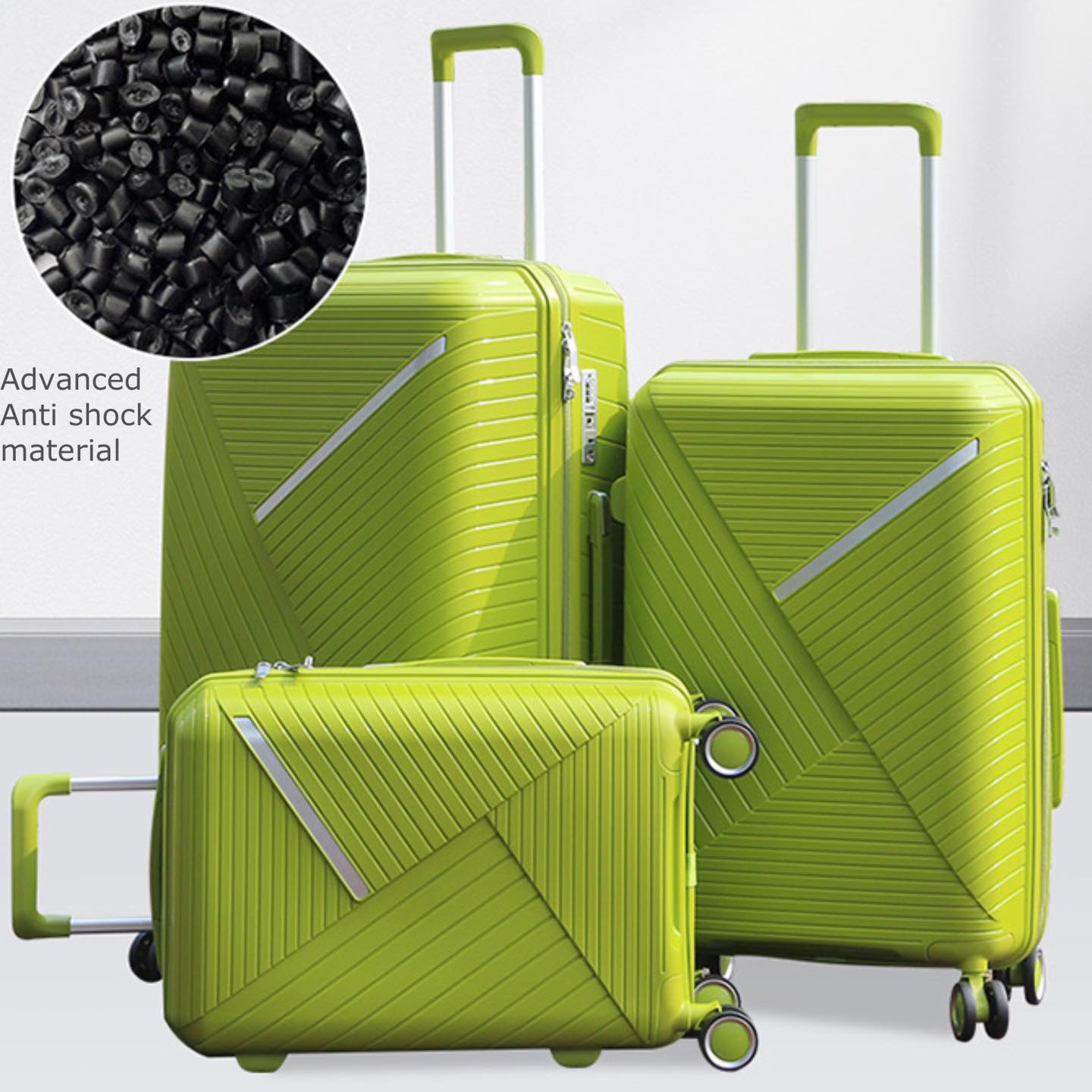 3 Piece Set 20" 24" 28 Inches Green Advanced PP Luggage Bag With Double Spinner Wheel