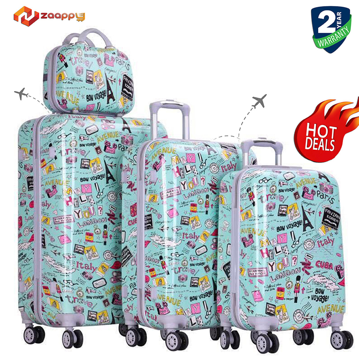 4 Pcs Set 7" 20" 24" 28 Inches Green Paris Printed Spinner Wheel Luggage Bag