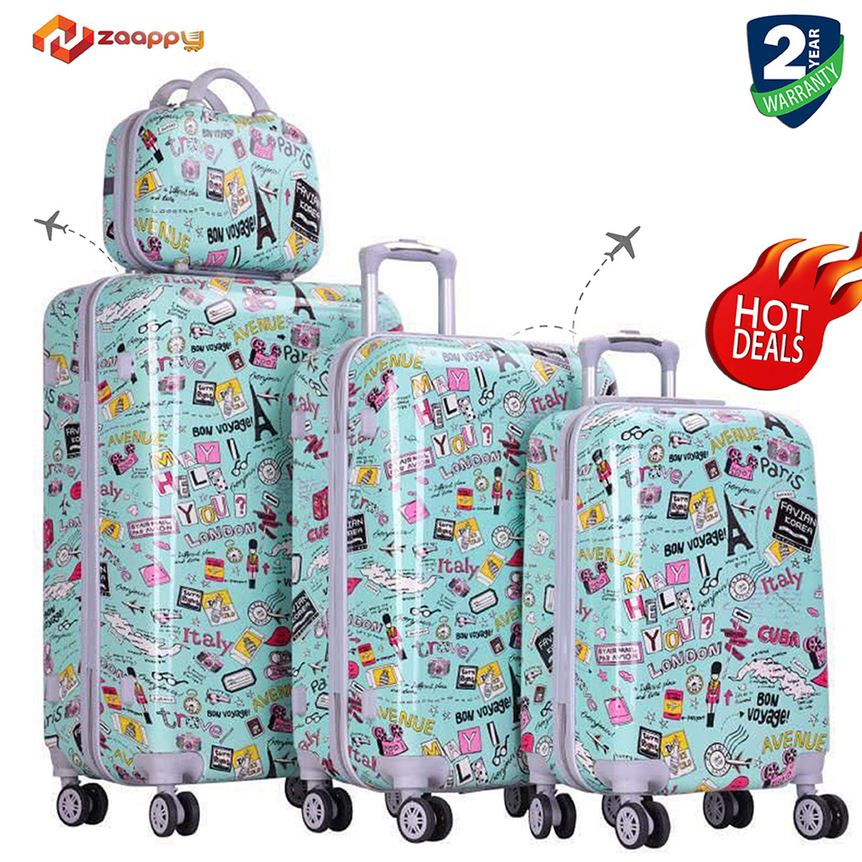 4 Pcs Set 7" 20" 24" 28 Inches Green Paris Printed Spinner Wheel Luggage Bag Zaappy