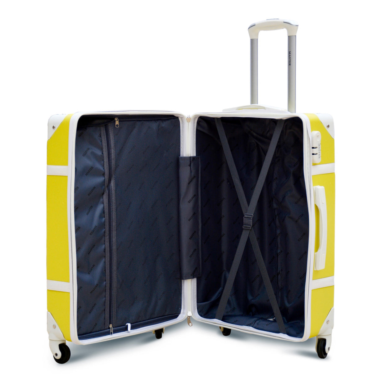 lightweight yellow spinner luggage 24 inch and single piece trolley bag inside