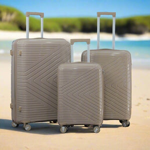 3 Piece Set 20, 24 and 28 Inches Beige Crossline PP Unbreakable Luggage Bag With Double Spinner Wheel