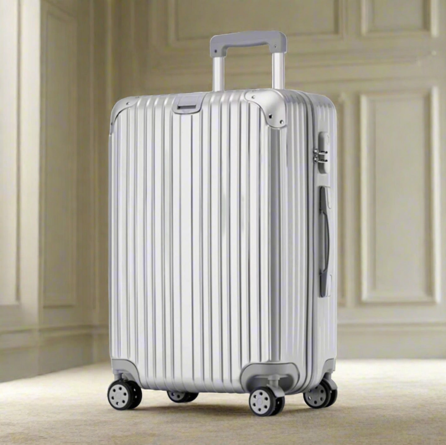 24" Silver Aluminium Framed Hard Shell Without Zipper TSA Luggage Bag With Spinner Wheel