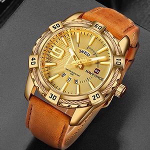 Naviforce NF9117 PU Leather Analog Watch for Men | NF 9117  Gold & Brown - NFWTLTANGB/257