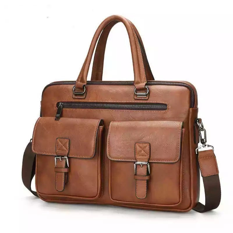 Fashion Men's Laptop Briefcase Leather Handbag | Double Pocket Business Bag