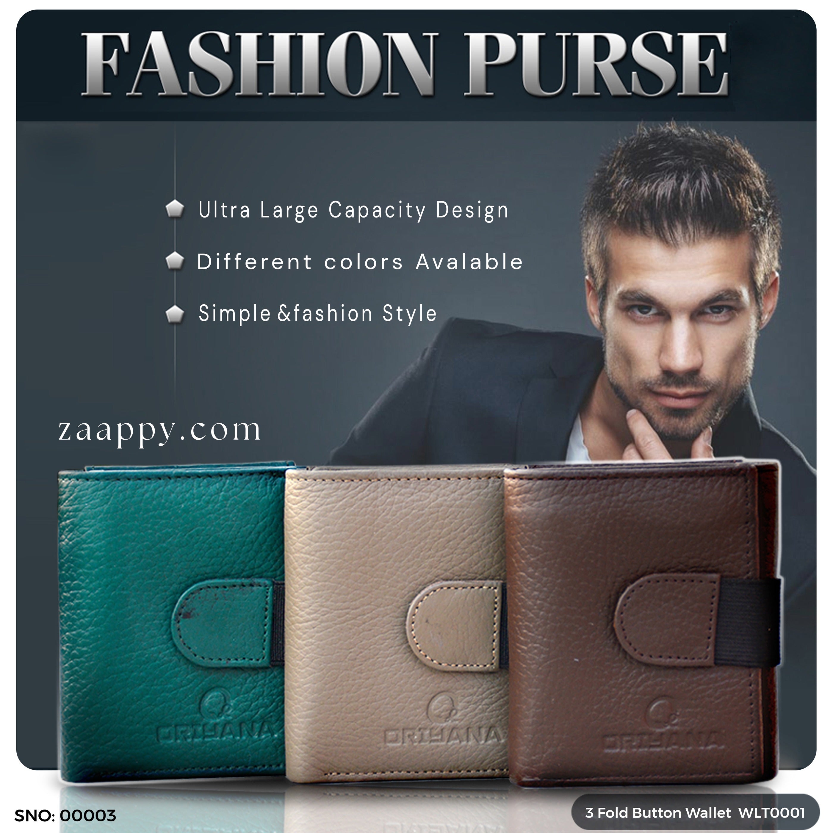 Men's Genuine Leather Wallet | 3 Fold Button Wallet WLT0001