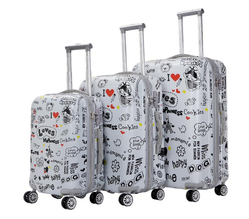 4 Pcs Full Set ABS Printed White 4 Wheel Spinner wheel Luggage Bag | Lovely Trolley White