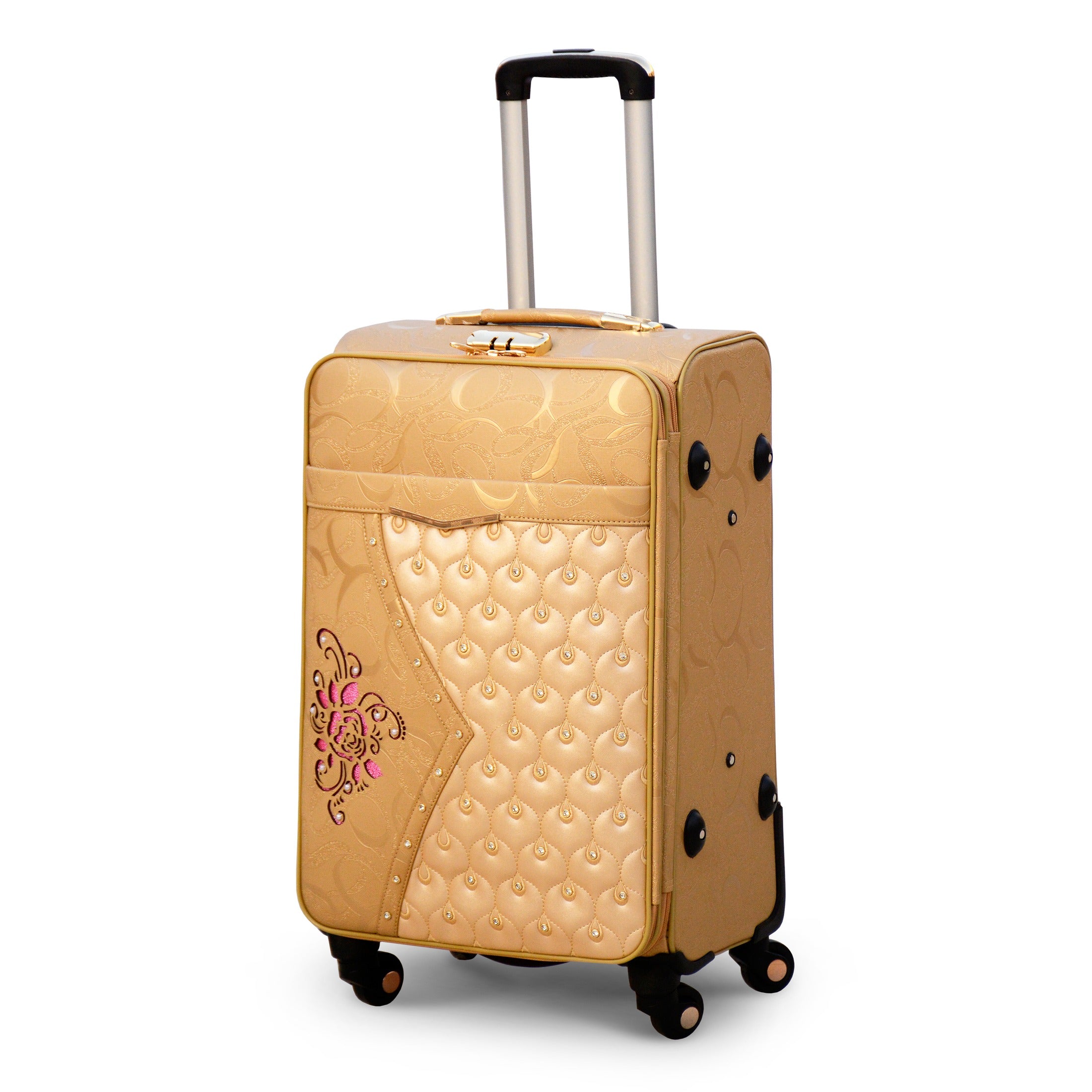 ASD PU Leather Luggage | Soft Shell Trolley Bag | 4 Pcs Full Set 7" 20" 24" 28 Inches | Gold With Stone