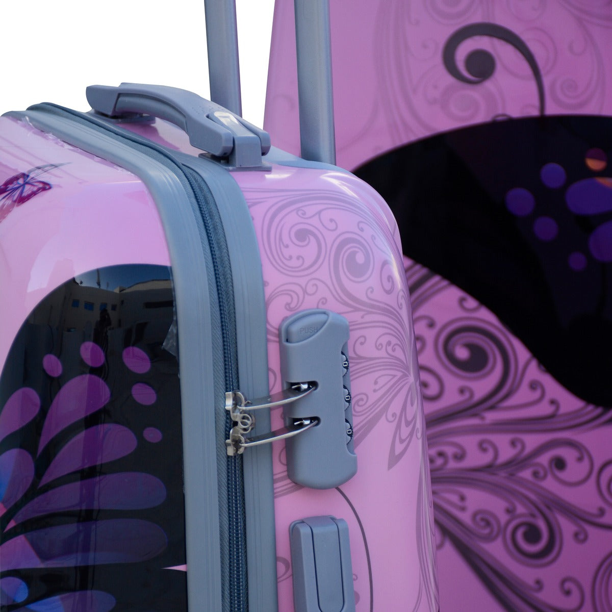 Butterfly Pink ABS Luggage 3 Piece Set 4 Wheel Printed Bag with Spinner Wheels