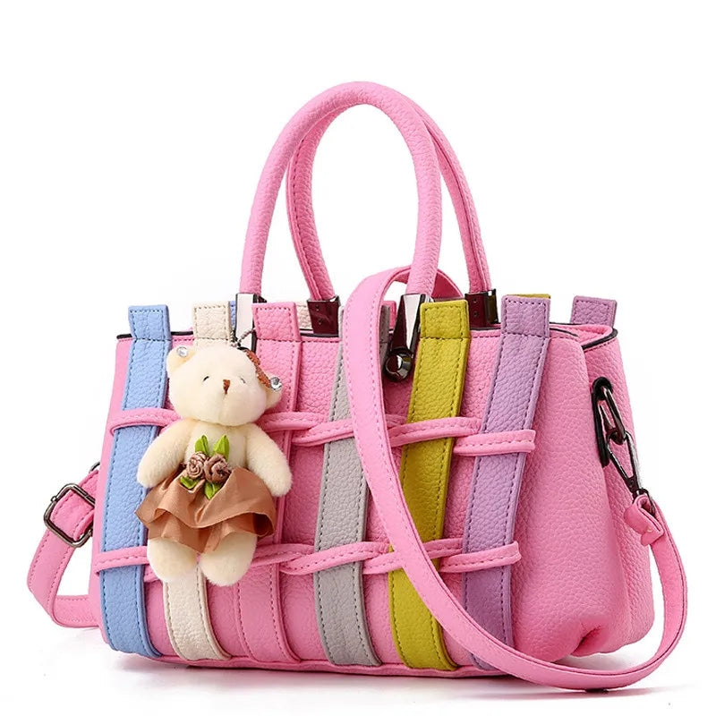 Knitted Cute Shoulder Bag | Bear Pendant Tote Shoulder Bag