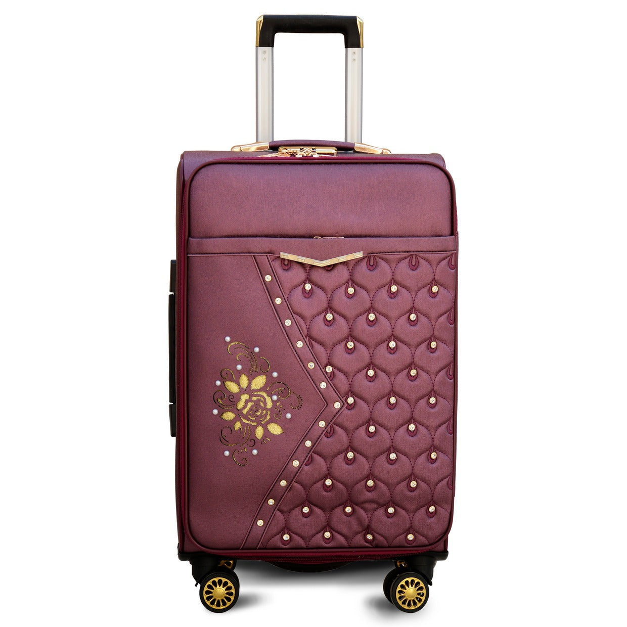 4 Pcs Set 7" 20" 24" 28 Inches | PU Leather Luggage | Softshell Trolley Bag | Printed Burgundy Peacock