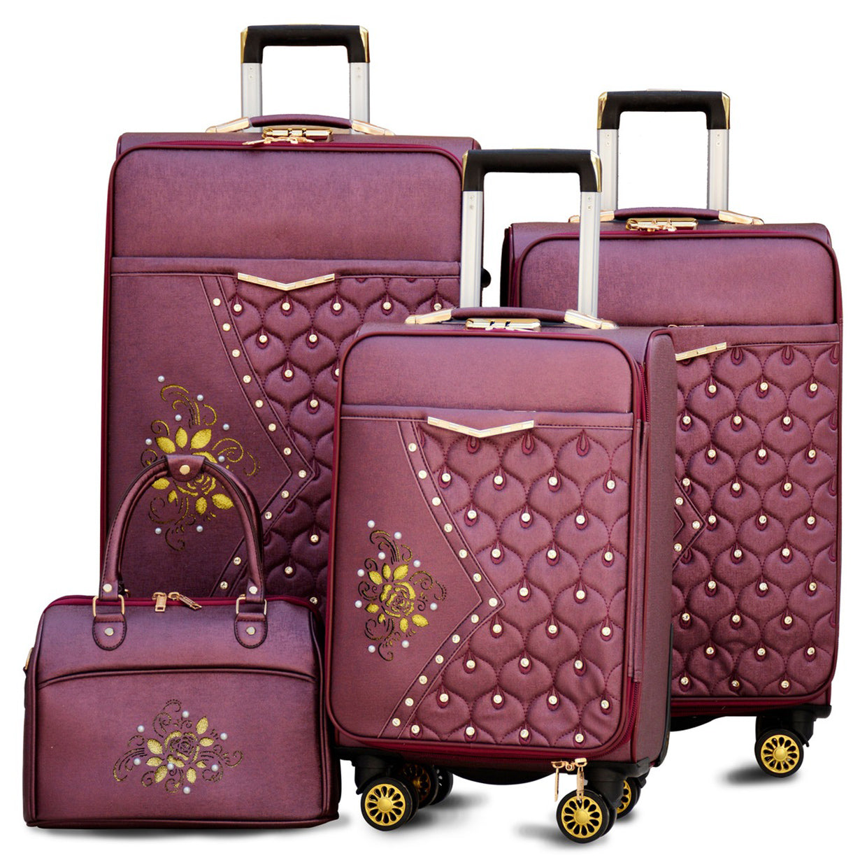 4 Pcs Set 7" 20" 24" 28 Inches | PU Leather Luggage | Soft shell Trolley Bag | Printed Burgundy Peacock