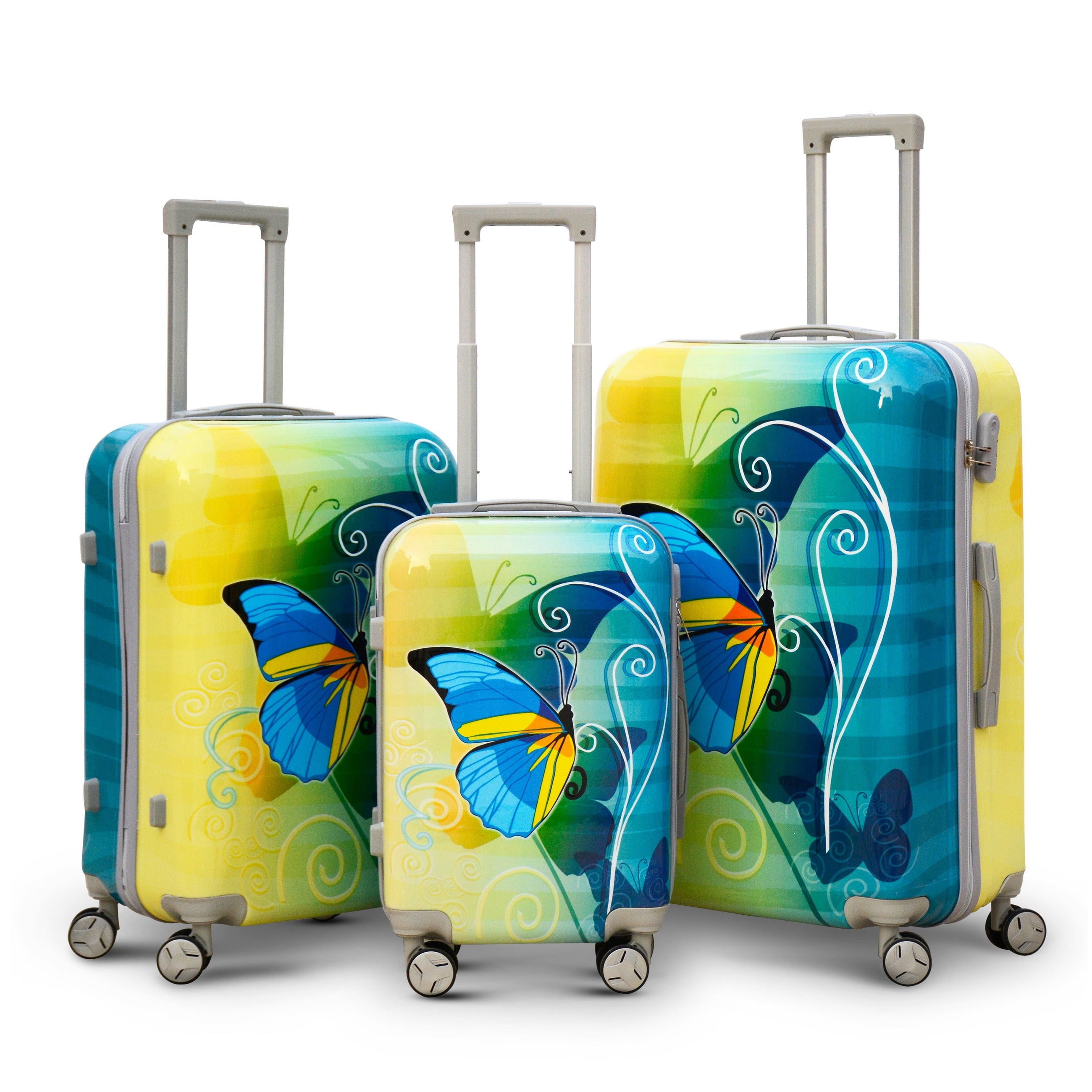 3 Pcs Full Set 20" 24" 28 Inches Green Colour Printed Butterfly Lightweight ABS Luggage | Hard Case Trolley Bag
