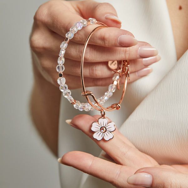 Pink Pansy and Crystal Charm Bangle Bracelet Zaappy